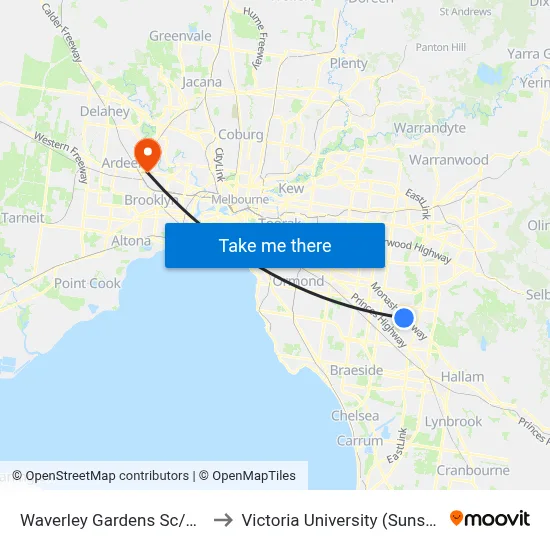 Waverley Gardens Sc/Hansworth St to Victoria University (Sunshine Campus) map