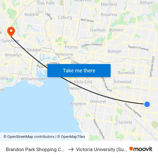 Brandon Park Shopping Centre/Springvale Rd to Victoria University (Sunshine Campus) map
