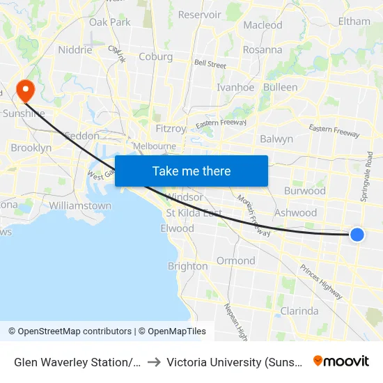 Glen Waverley Station/Railway Pde to Victoria University (Sunshine Campus) map