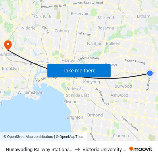 Nunawading Railway Station/Springvale Rd (Nunawading) to Victoria University (Sunshine Campus) map