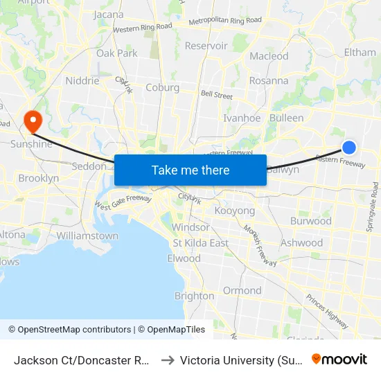 Jackson Ct/Doncaster Rd to Victoria University (Sunshine Campus) map