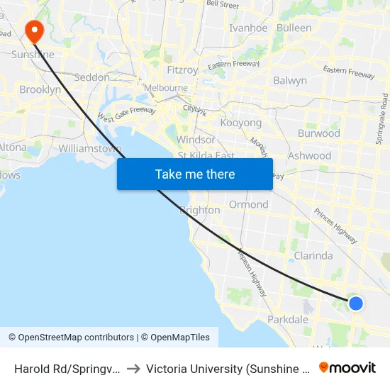 Harold Rd/Springvale Rd to Victoria University (Sunshine Campus) map