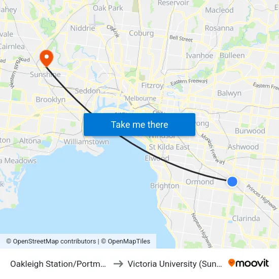 Oakleigh Station/Portman St to Victoria University (Sunshine Campus) map
