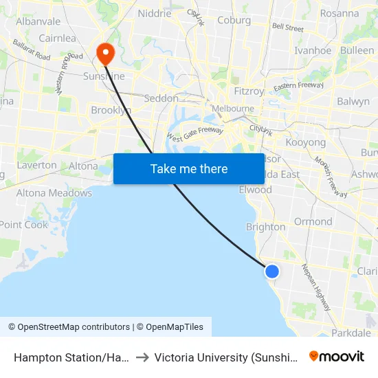 Hampton Station/Hampton St to Victoria University (Sunshine Campus) map
