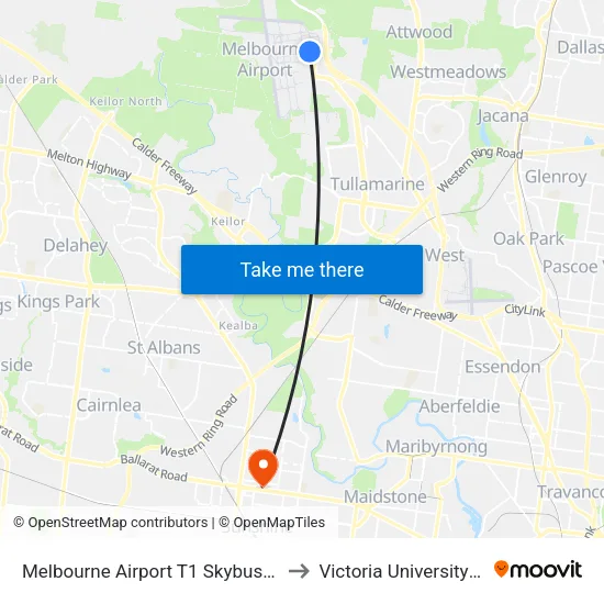Melbourne Airport T1 Skybus/Arrival Dr to Victoria University (Sunshine Campus) map
