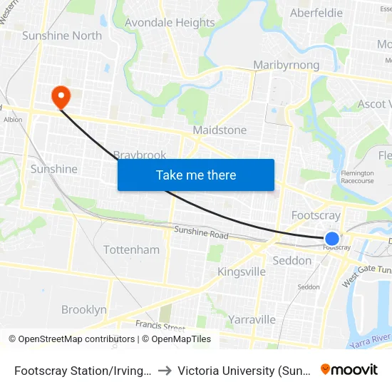 Footscray Station/Irving St to Victoria University (Sunshine Campus) map