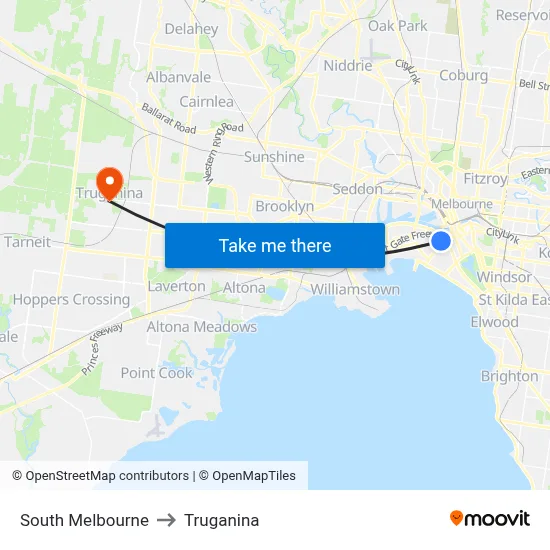 South Melbourne to Truganina map