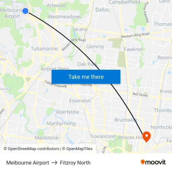 Melbourne Airport to Fitzroy North map