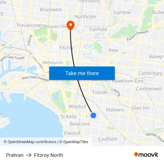 Prahran to Fitzroy North map