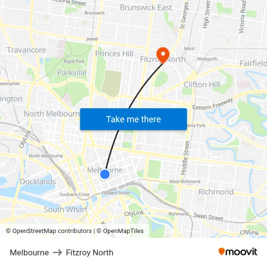 Melbourne to Fitzroy North map