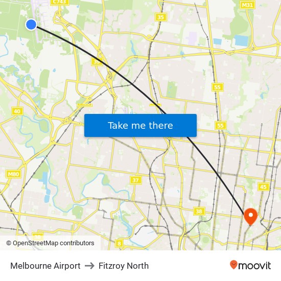 Melbourne Airport to Fitzroy North map