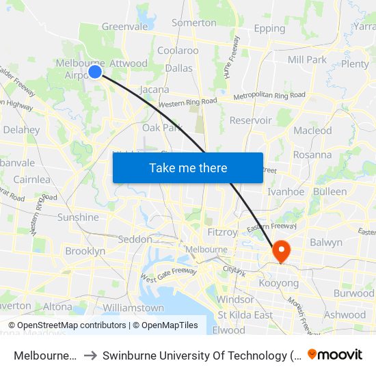 Melbourne Airport to Swinburne University Of Technology (Hawthorn Campus) map