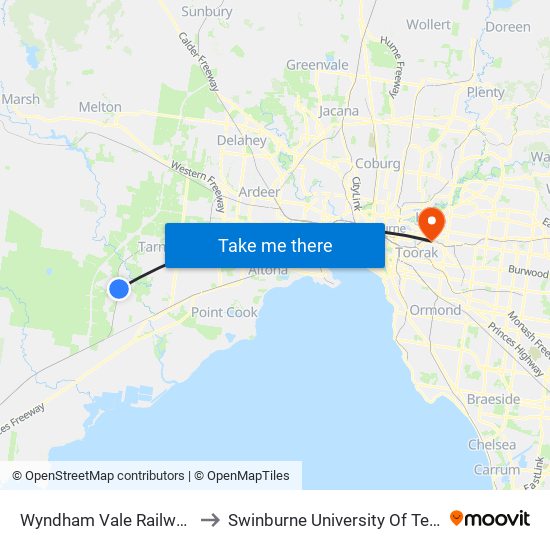 Wyndham Vale Railway Station (Manor Lakes) to Swinburne University Of Technology (Hawthorn Campus) map