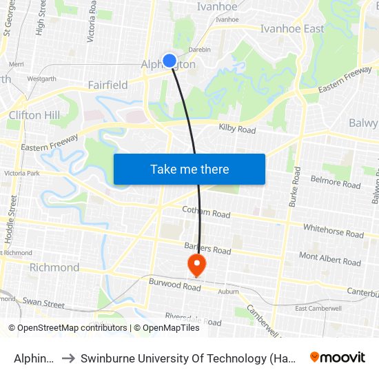 Alphington to Swinburne University Of Technology (Hawthorn Campus) map