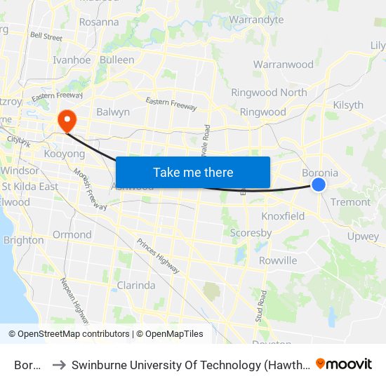 Boronia to Swinburne University Of Technology (Hawthorn Campus) map