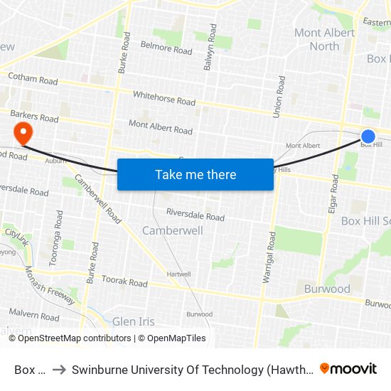 Box Hill to Swinburne University Of Technology (Hawthorn Campus) map