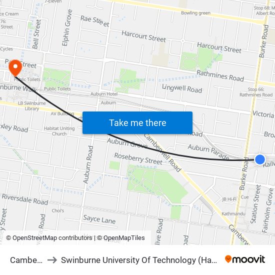 Camberwell to Swinburne University Of Technology (Hawthorn Campus) map