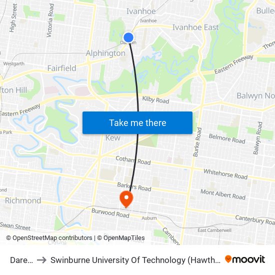 Darebin to Swinburne University Of Technology (Hawthorn Campus) map