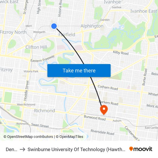 Dennis to Swinburne University Of Technology (Hawthorn Campus) map