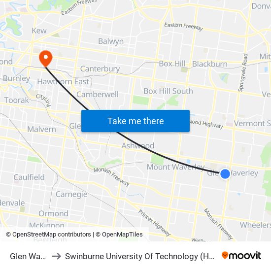 Glen Waverley to Swinburne University Of Technology (Hawthorn Campus) map