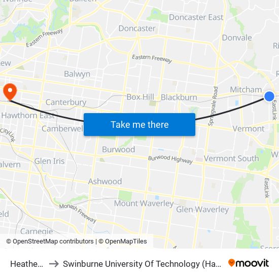 Heatherdale to Swinburne University Of Technology (Hawthorn Campus) map