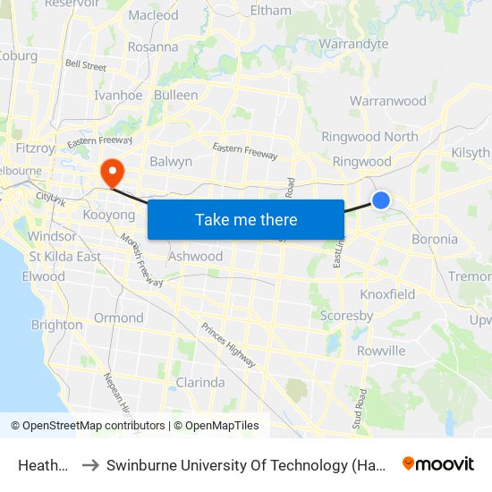 Heathmont to Swinburne University Of Technology (Hawthorn Campus) map