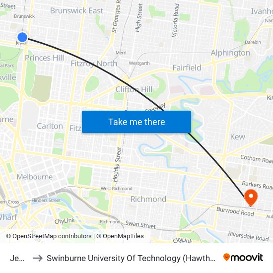 Jewell to Swinburne University Of Technology (Hawthorn Campus) map