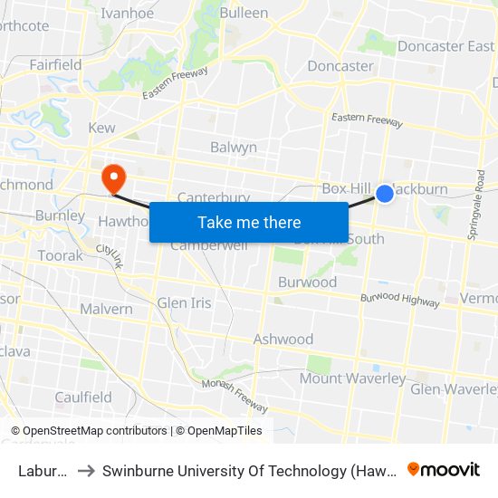 Laburnum to Swinburne University Of Technology (Hawthorn Campus) map