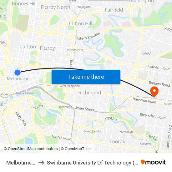 Melbourne Central to Swinburne University Of Technology (Hawthorn Campus) map