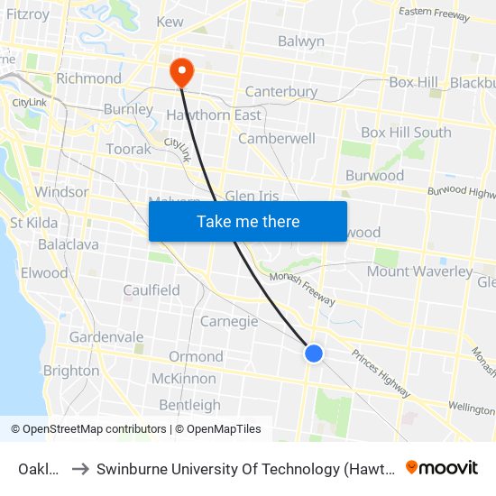Oakleigh to Swinburne University Of Technology (Hawthorn Campus) map