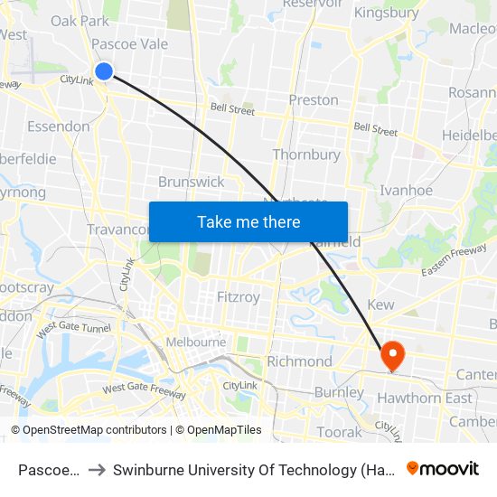 Pascoe Vale to Swinburne University Of Technology (Hawthorn Campus) map