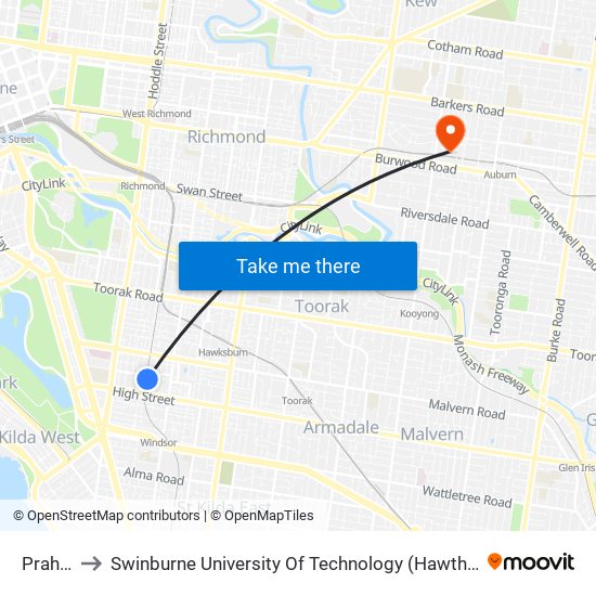 Prahran to Swinburne University Of Technology (Hawthorn Campus) map