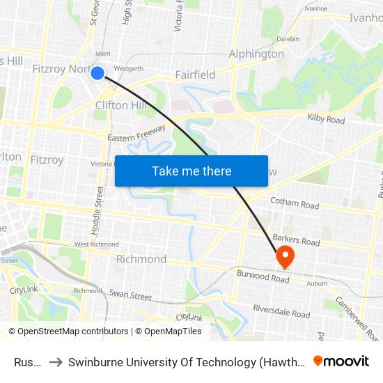 Rushall to Swinburne University Of Technology (Hawthorn Campus) map