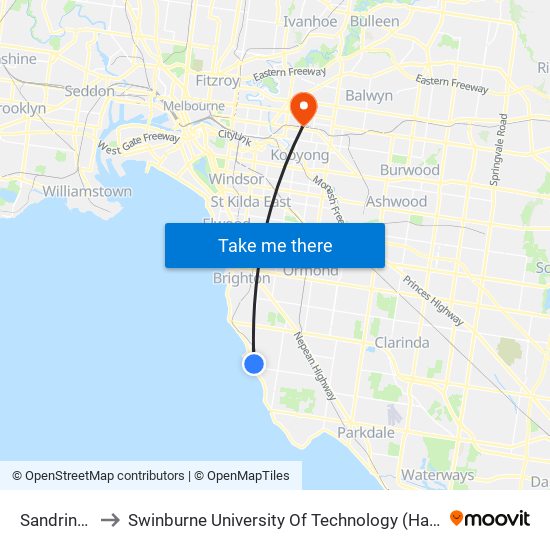 Sandringham to Swinburne University Of Technology (Hawthorn Campus) map