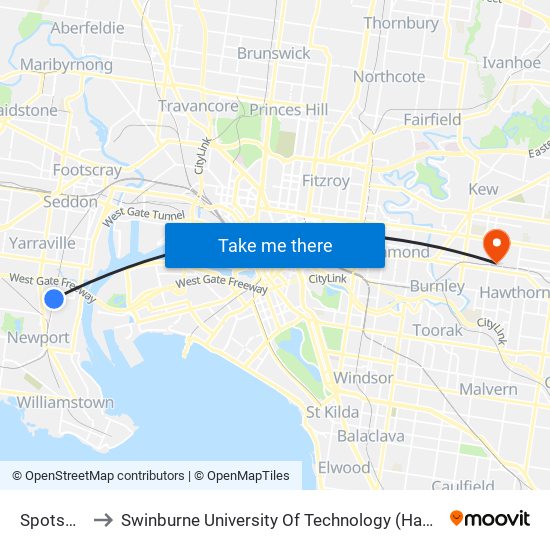 Spotswood to Swinburne University Of Technology (Hawthorn Campus) map