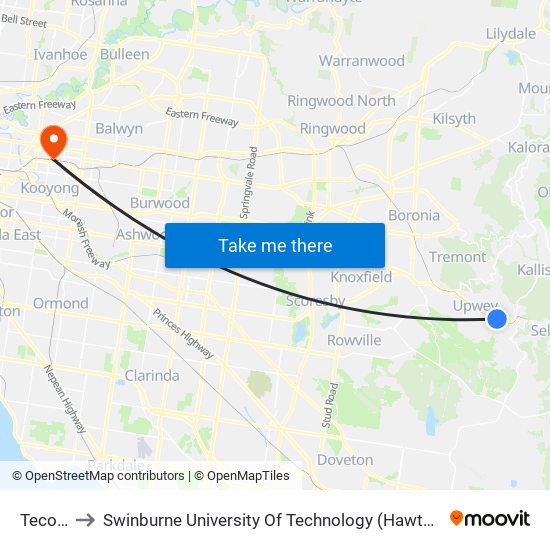Tecoma to Swinburne University Of Technology (Hawthorn Campus) map