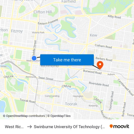 West Richmond to Swinburne University Of Technology (Hawthorn Campus) map