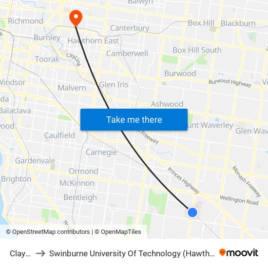 Clayton to Swinburne University Of Technology (Hawthorn Campus) map