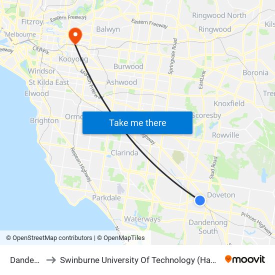 Dandenong to Swinburne University Of Technology (Hawthorn Campus) map