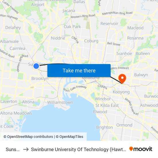 Sunshine to Swinburne University Of Technology (Hawthorn Campus) map