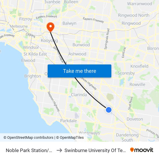 Noble Park Station/Mons Pde (Noble Park) to Swinburne University Of Technology (Hawthorn Campus) map