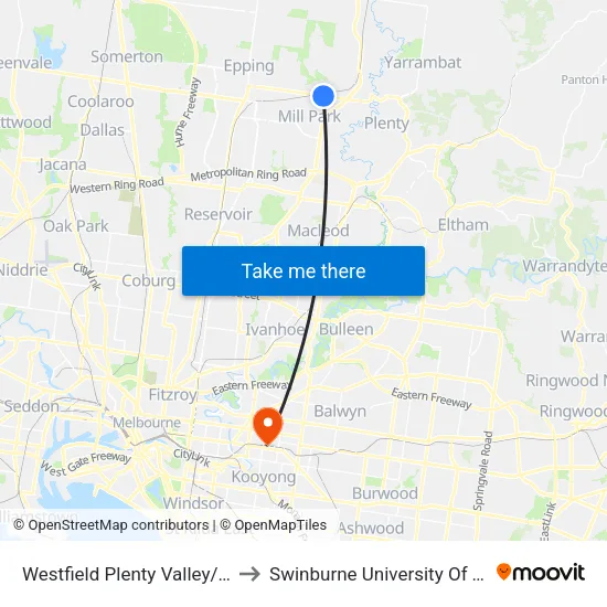 Westfield Plenty Valley/Mcdonalds Rd to Swinburne University Of Technology (Hawthorn Campus) map