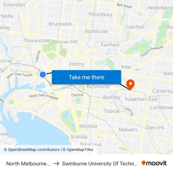 North Melbourne Railway Station to Swinburne University Of Technology (Hawthorn Campus) map