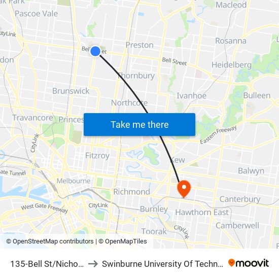 135-Bell St/Nicholson St (Coburg) to Swinburne University Of Technology (Hawthorn Campus) map
