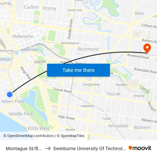 Montague St/Bridport St #28 to Swinburne University Of Technology (Hawthorn Campus) map