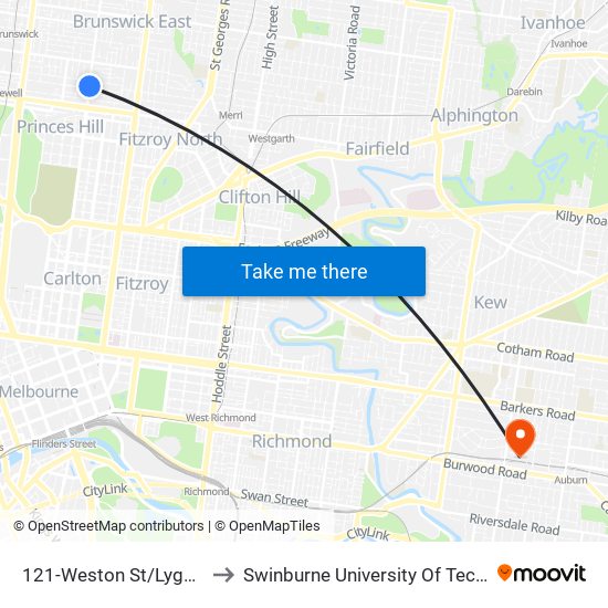 121-Weston St/Lygon St (Brunswick East) to Swinburne University Of Technology (Hawthorn Campus) map