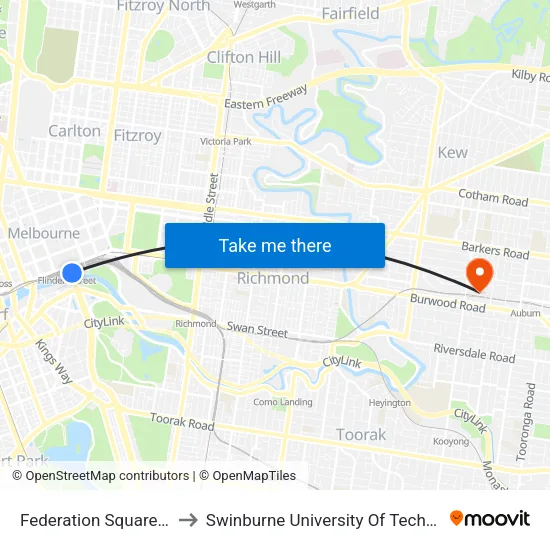 Federation Square/Swanston St #13 to Swinburne University Of Technology (Hawthorn Campus) map
