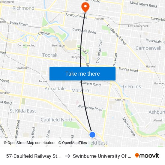 57-Caulfield Railway Station/Derby Rd (Caulfield East) to Swinburne University Of Technology (Hawthorn Campus) map