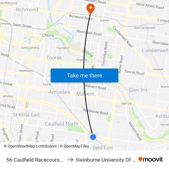 56-Caulfield Racecourse/Normanby Rd (Caulfield North) to Swinburne University Of Technology (Hawthorn Campus) map