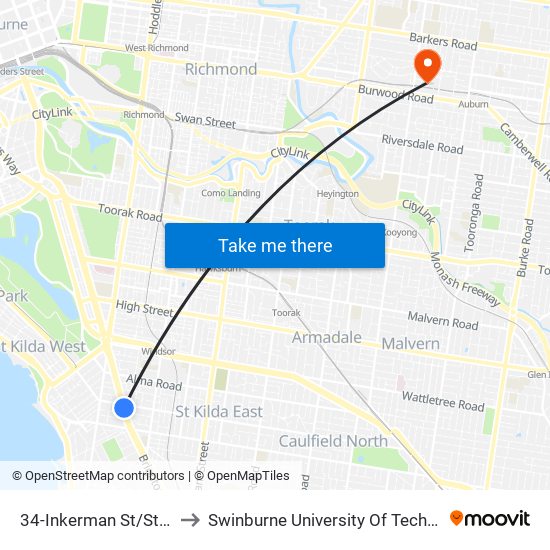 34-Inkerman St/St Kilda Rd (St Kilda) to Swinburne University Of Technology (Hawthorn Campus) map